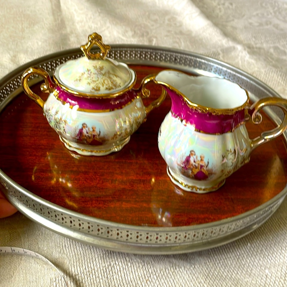 USA Imports Cosmos Japan iridescent porcelain Creamer Pitcher & sugar bowl
